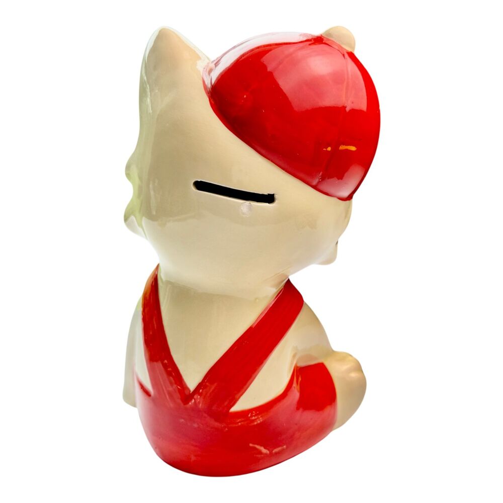 Cat Kitty Japan Coin Piggy Bank Vintage Ceramic Baseball Cap and Overalls 8in - Picture 2 of 11